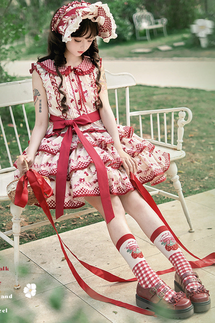 Red Triple-Layered Cherries Are Ripe Print Ruffle Sweet Lolita Skirt Set