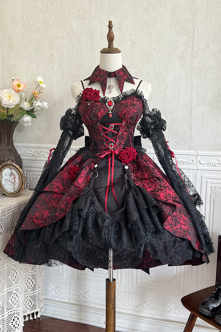 Black/Red Weeping Rose Jacquard Print Ruffle Cardigan Bowknot Lace-Up Gothic Lolita Dress