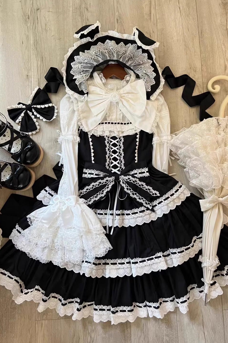 Black Maiden Heart Triple-Layered Ruffle Bowknot Lace Sweet Lolita Jsk Dress