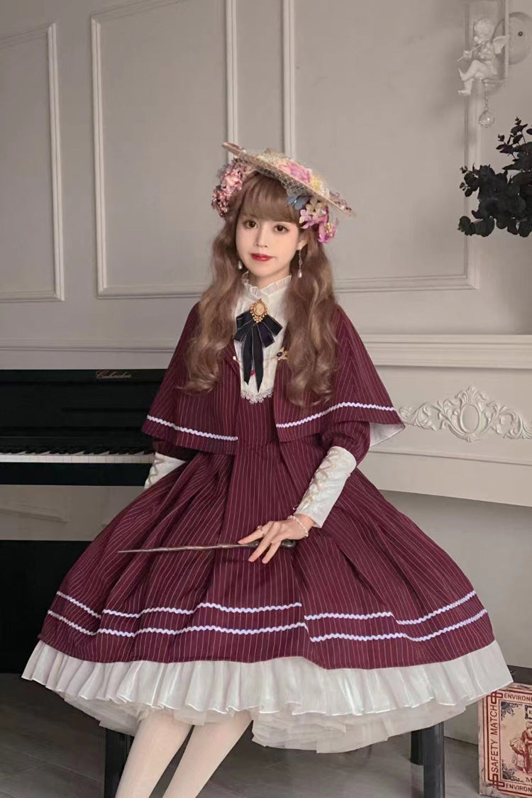 British Girl Long Sleeves Striped Print Ruffle Sweet Elegant Lolita Dress 2 Colors
