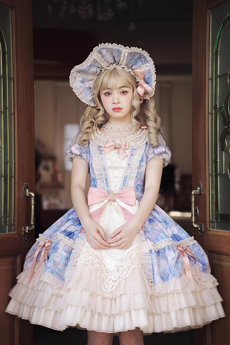 Angel Heart Sky Oil Painting Print Ruffle Cardigan Bowknot Sweet Princess Lolita Dress 3 Colors