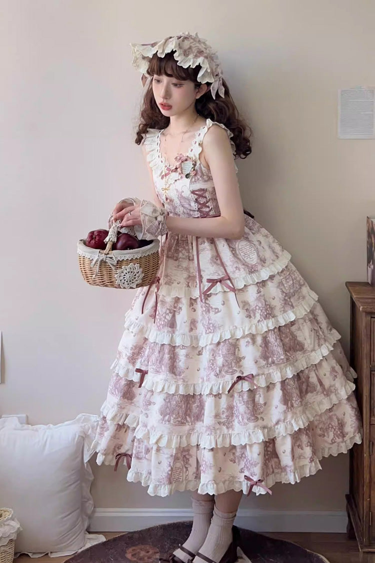 Smoky Purple Grape Moon Almanac Sleeveless Multi-Layered Printed Ruffled Bow Adjustable-Length Sweet Lolita Jsk Dress