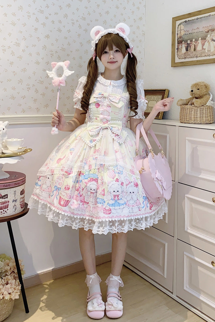 Yellow Cute Rabbit Sweet Cake Print Ruffle Bowknot Lace Sweet Lolita Jsk Dress