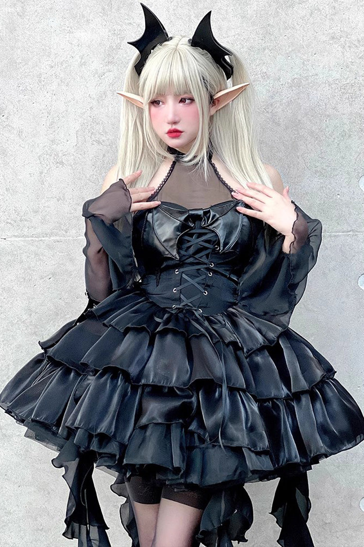 Pure Black Little Devil Sexy Princess Slim Gothic Lolita Strapless Tiered Dress