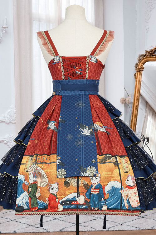 Blue Ukiyoe Cat & Waves Print Sleeveless Multi-Layer Sweet Lolita JSK Dress