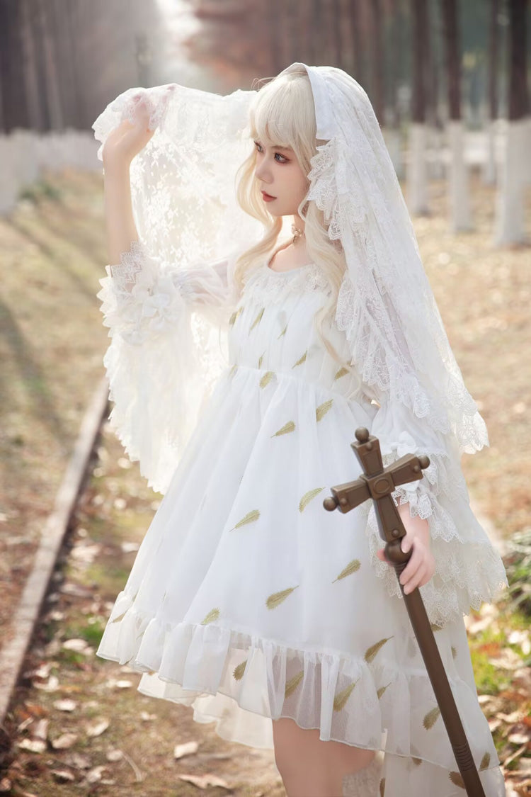 Feather Snowflake Embroidery Print Sleeveless Ruffle Bowknot Sweet Lolita Jsk Dress 3 Colors