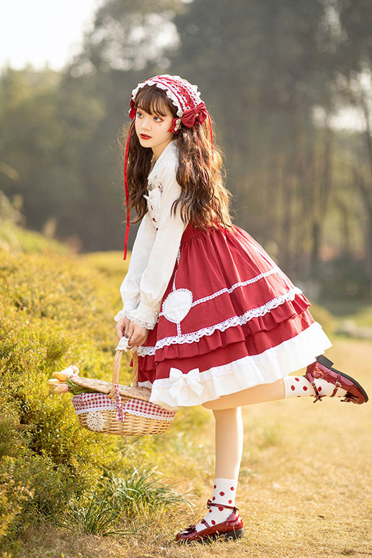 Wine Red Lace Stitching High Waisted Bowknot Ruffled Sweet Lolita Jsk Dress