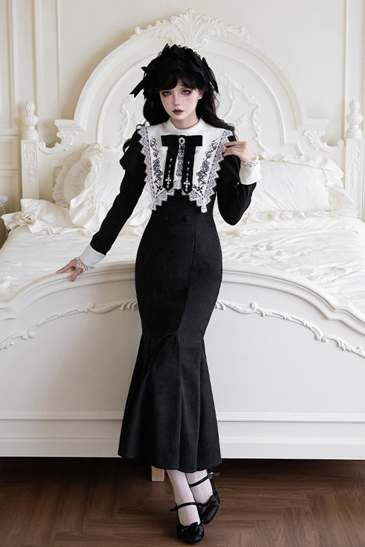 Black/White Rose Doll Square Collar Long Sleeves Bowknot Lace-Up Gothic Lolita Dress Set 2 Versions