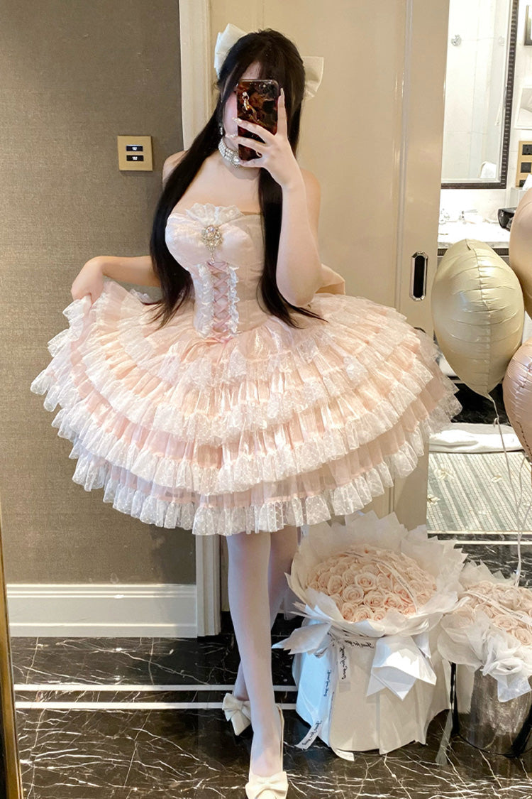 Pink Heartbeat at First Sight Off Shoulder Sleeveless Multi-Layered Ruffle Bowknot Lace Lace-Up Sweet Princess Gorgeous Lolita Dress