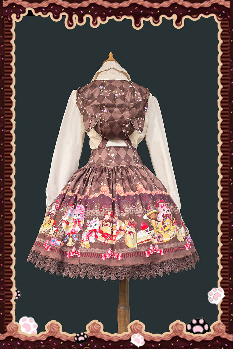 Cream Meow Sleeveless Print Bowknot Hooded Sweet Lolita Strap Dress 3 Colors