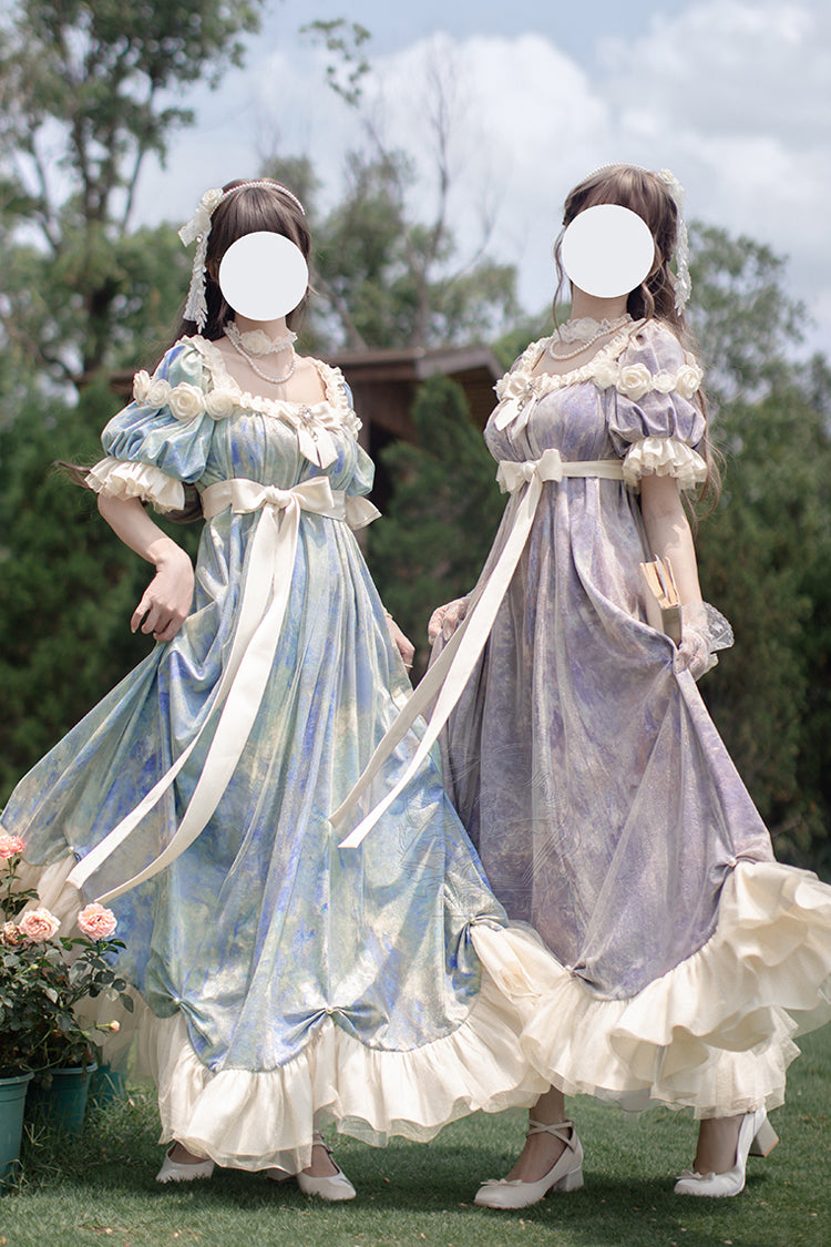 Purple Oil Painting Sun and Moon Poem Short Sleeves Print Ruffle Bowknot Sweet Princess Lolita Dress