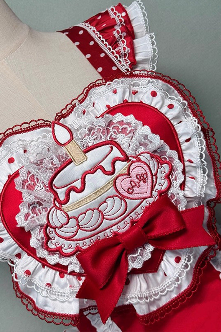 Red/White Twin Bears Birthday Cake Sleeveless Print Ruffle Bowknot Lace Sweet Lolita Big Flower Bud Dress