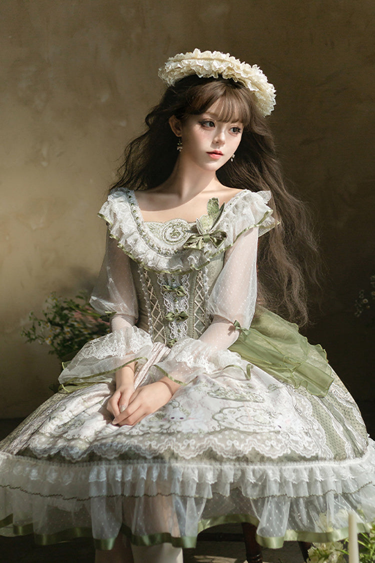 Green Teacup Rabbit Little Fresh Print Ruffle Bowknot Lace Lace-Up Sweet Lolita OP Dress