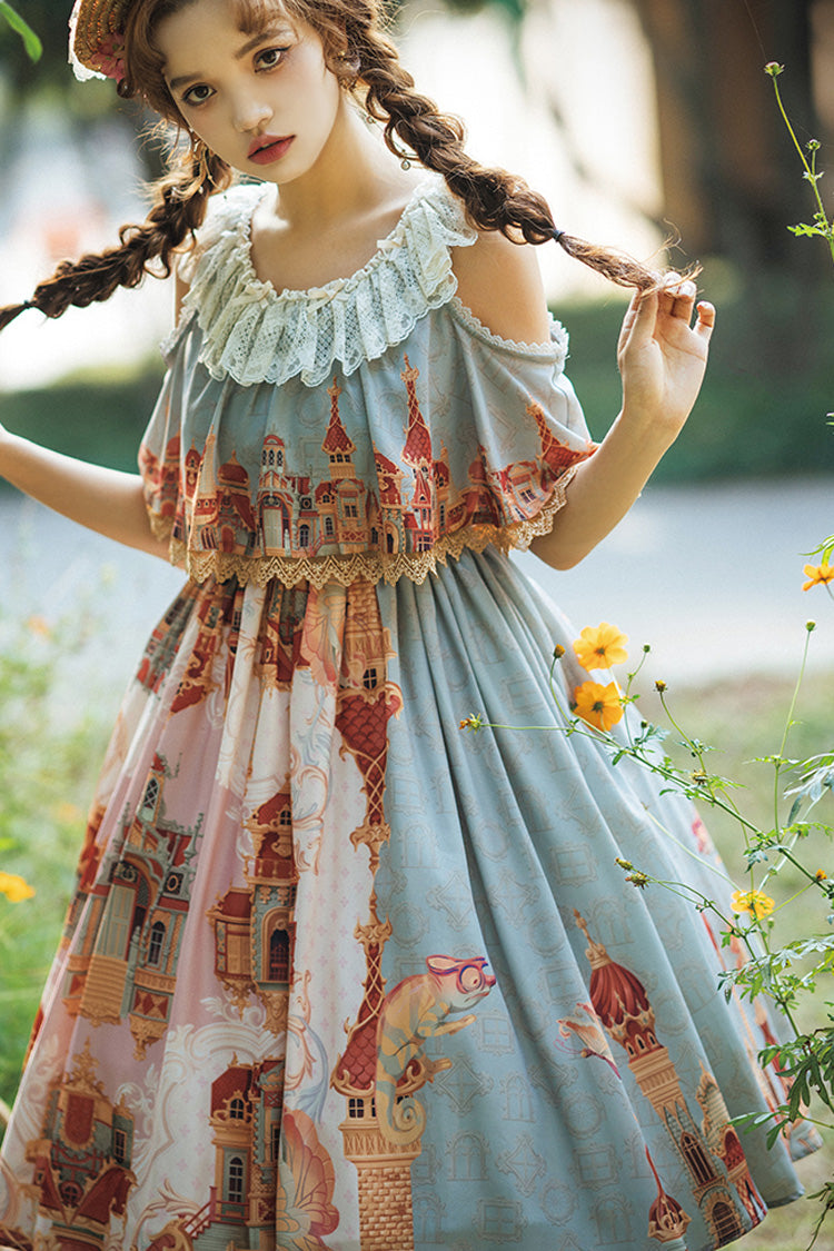 Multi-Color European Architectural Oil Painting Print Off Shoulder Short Sleeves Bowknot Sweet Lolita Dress