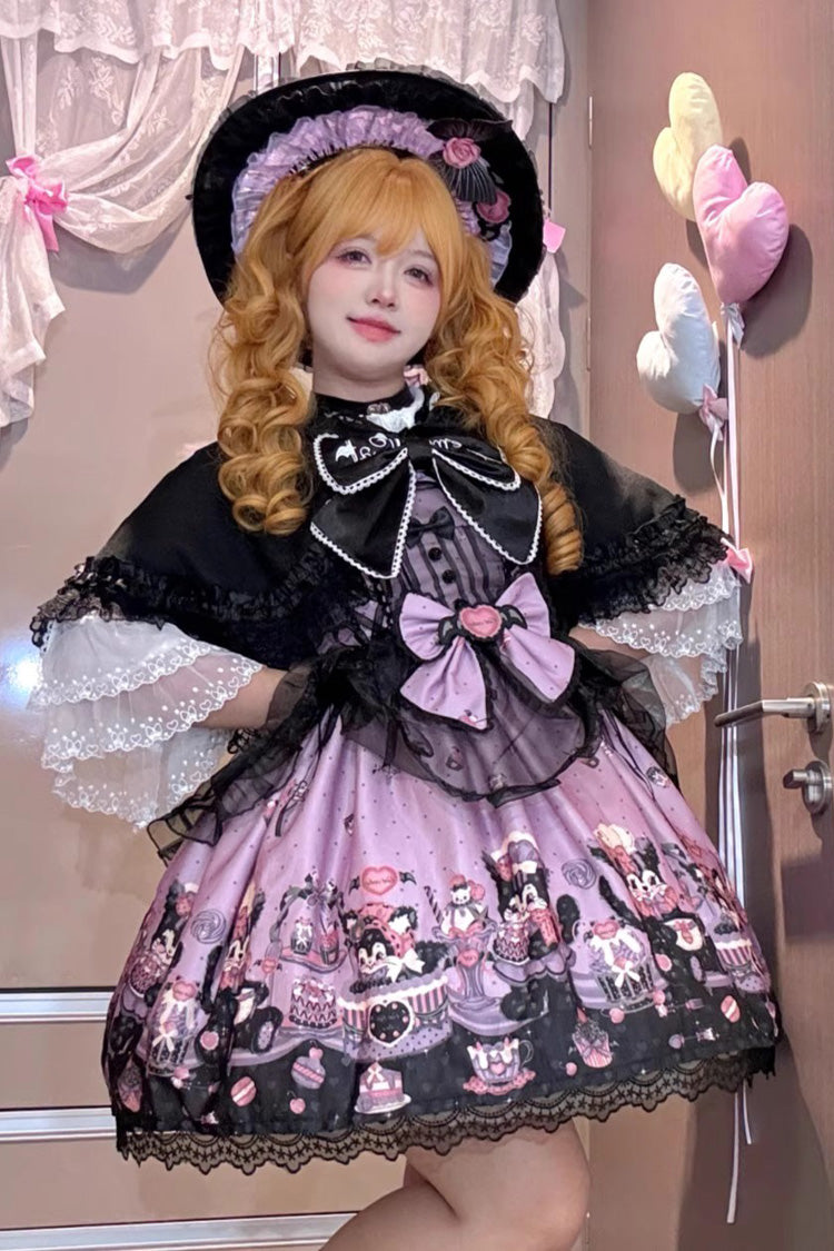 Purple Devil Cat Print Ruffle Bowknot Lace Gothic Lolita Jsk Dress (Plus Size Support)