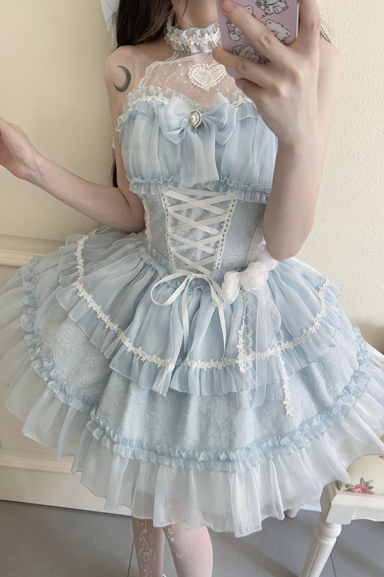 Light Blue Halterneck Triple-Layered Bowknot Lace Sweet Lolita Jsk Dress