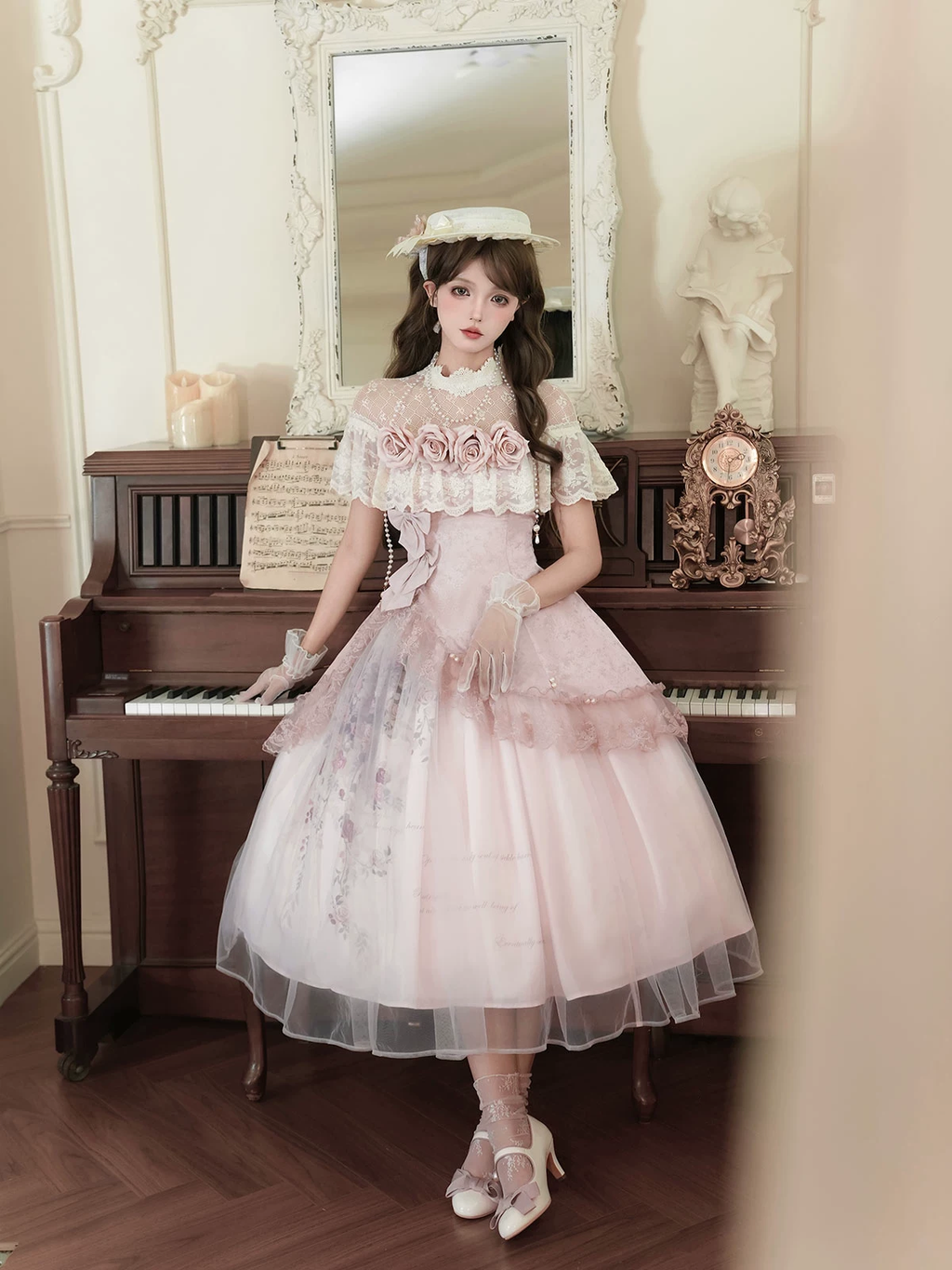 Pink Floral Mesh Lace Ruffled Rose Sweet Princess Vintage Lolita Dress