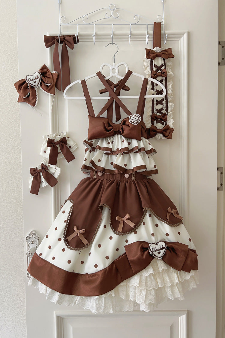 Chocolate Brown Cream Multi-Layered Polka Dots Print Ruffle Bowknot Sweet Lolita Jsk Dress