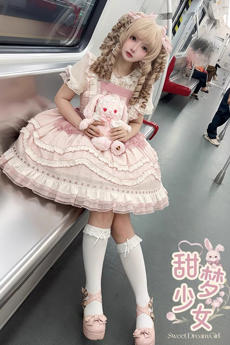 Pink Rabbit Print Sweet Dream Girl Ruffle Bowknot Stitching Lace Lolita JSK Dress