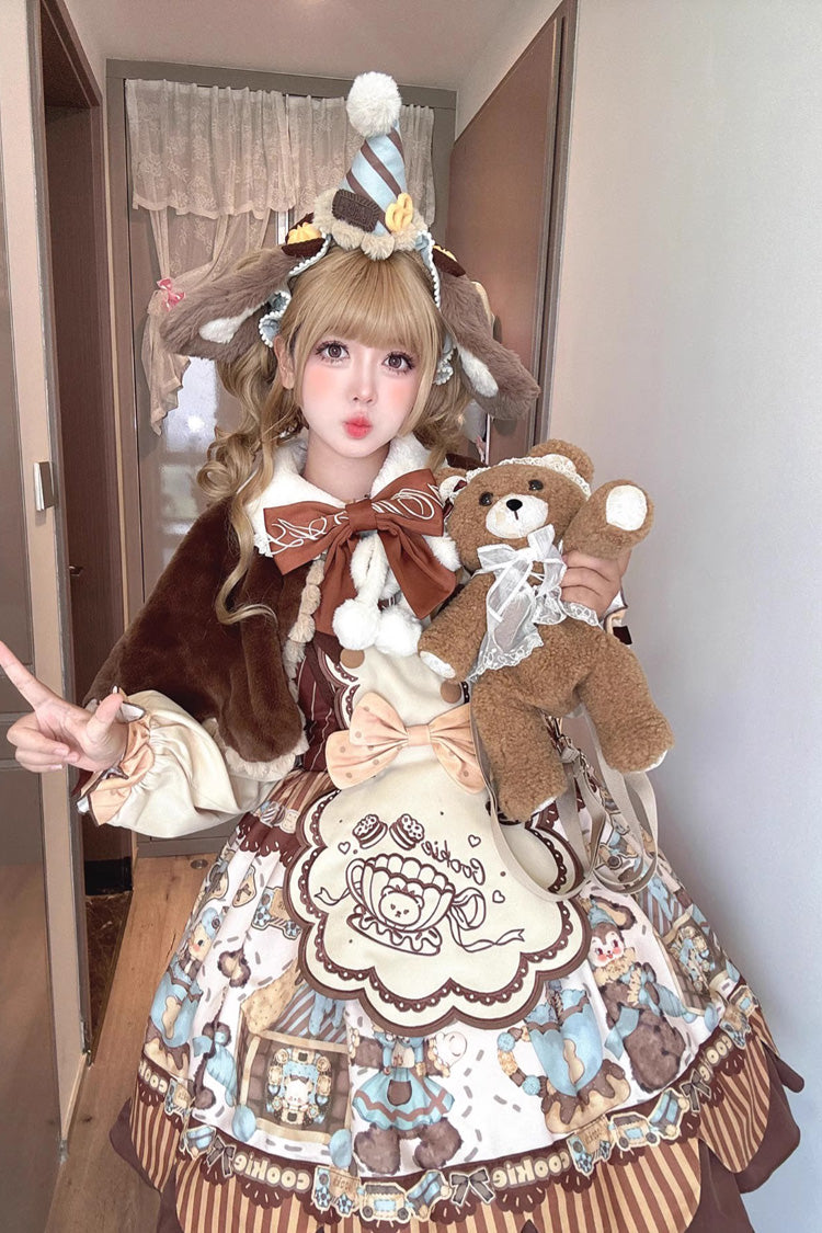 Bear Cookie Sleeveless Print Bowknot Sweet Lolita Jsk Dress Set 2 Colors