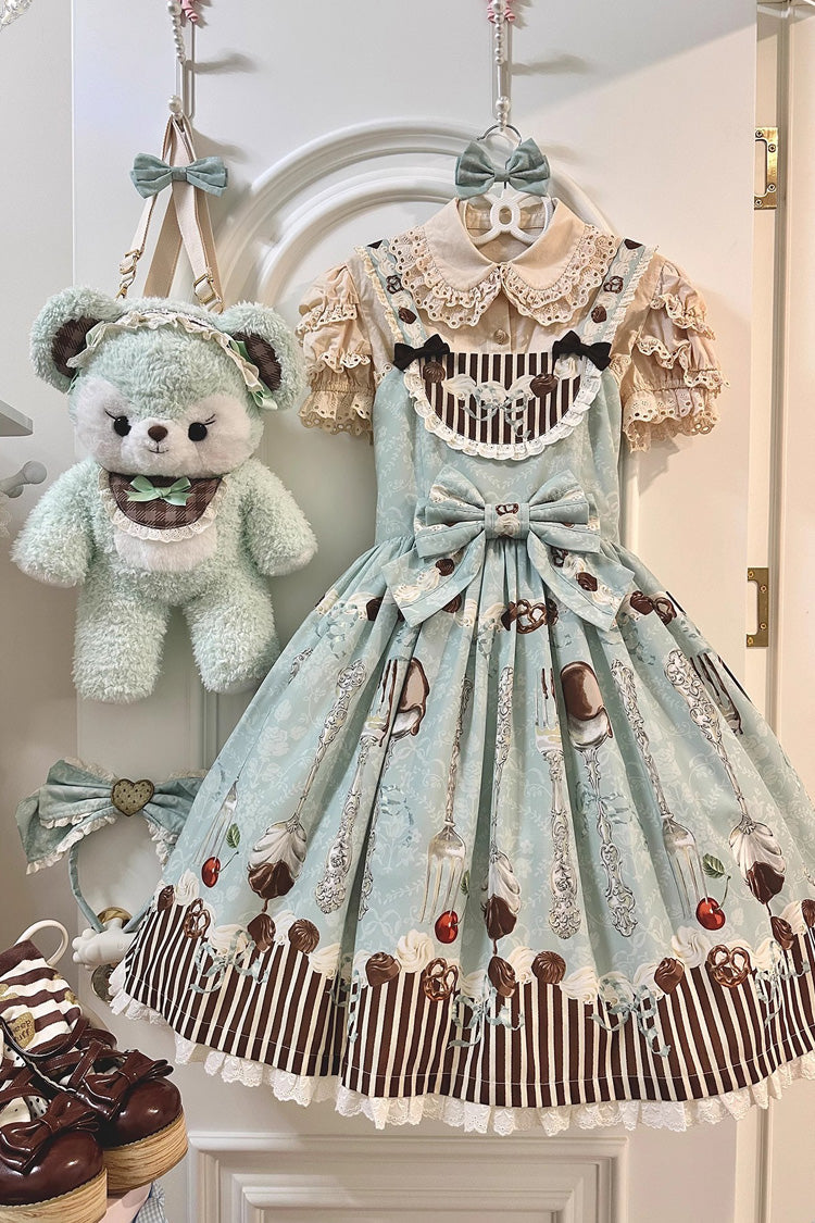 Green Chocolate Cherry Print Bowknot Sweet Lolita Jsk Dress