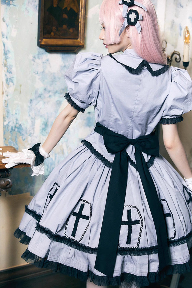 Grey Halloween Cross Short Puff Sleeves Two Pieces Gothic Lolita Dress