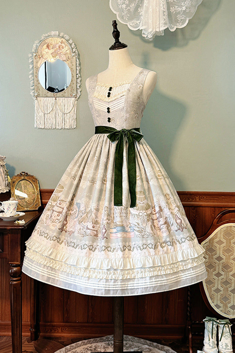 Iris Study V Collar Sleeveless Print Bowknot Lace Sweet Lolita Jumper Dress 2 Colors