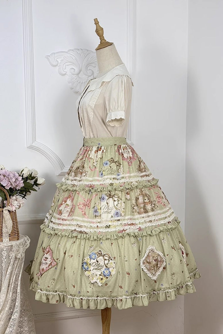 Green Cat Rose Tea Print Ruffle Sweet Gorgeous Lolita Skirt