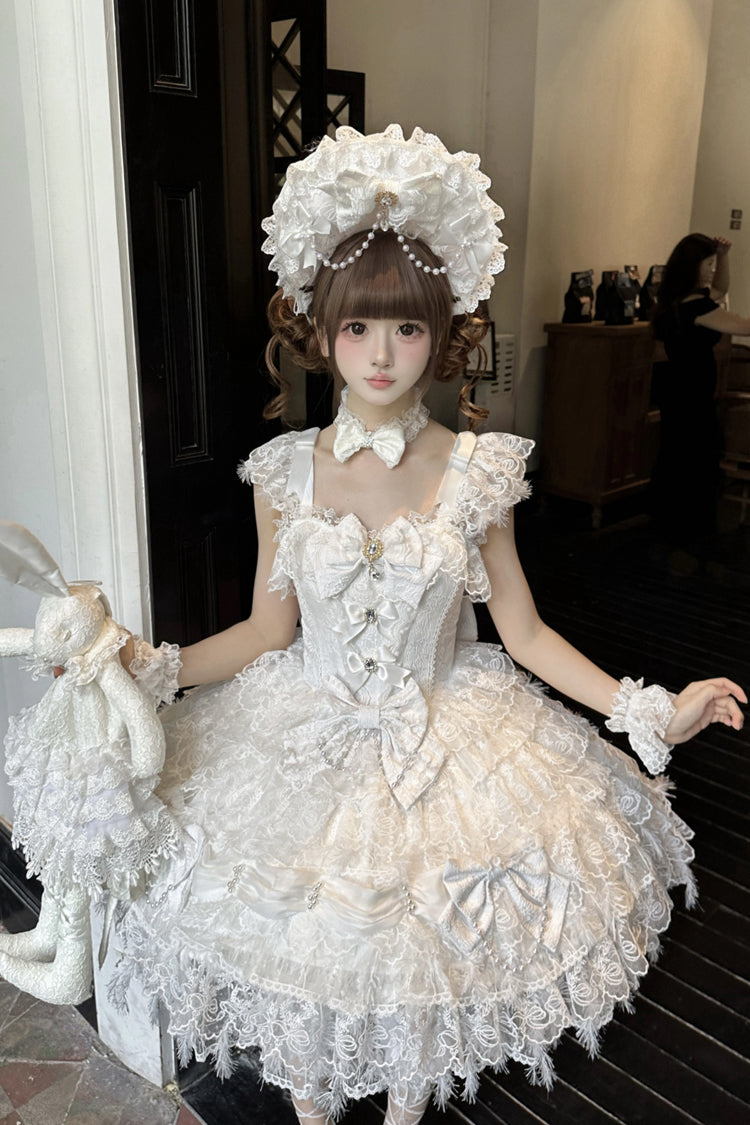 White Cloudborne Snowfeather Sleeveless Multi-Layered Hanayome Bowknot Pearl Gothic Lolita Jsk Dress