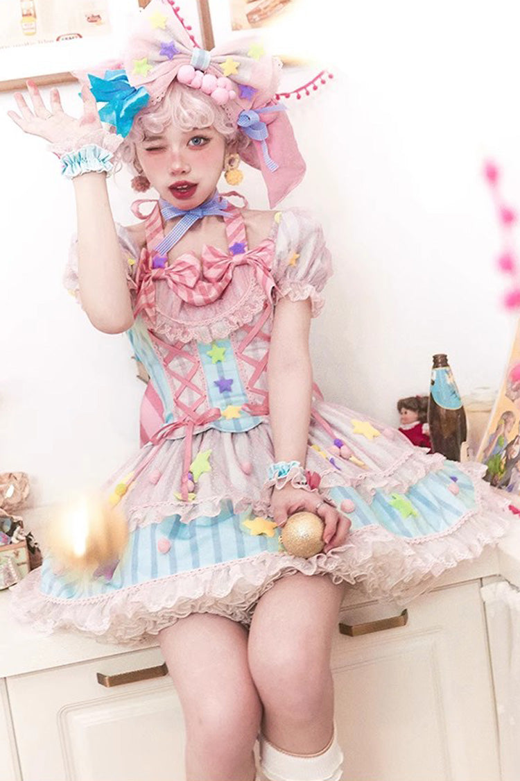 Pink Sugar Magic Print Ruffle Bowknot Lace Lace-Up Sweet Lolita Dress