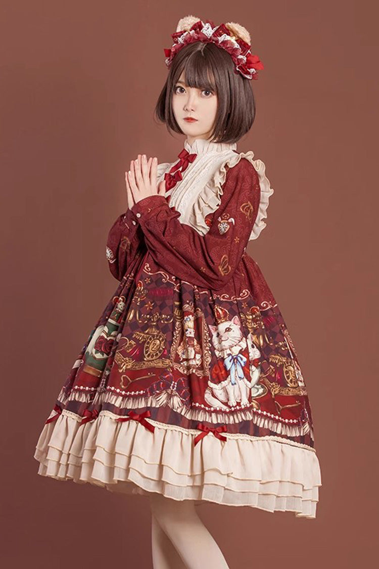 Rabbit and Bear Feast  Long Sleeves Multi-Layered Print Ruffle Bowknot Sweet Lolita Dress 2 Colors