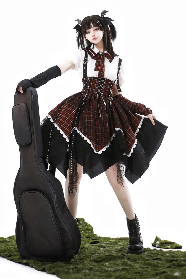 Black/Red Soul Mantra Plaid Print Irregular Sweet Lolita Strap Dress