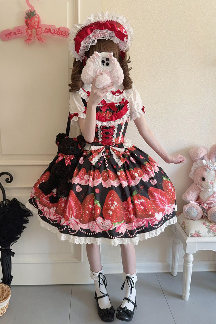 Sweet Berry Tale Strawberry Print Ruffle Bowknot Lace Sweet Lolita Jsk Dress 4 Colors