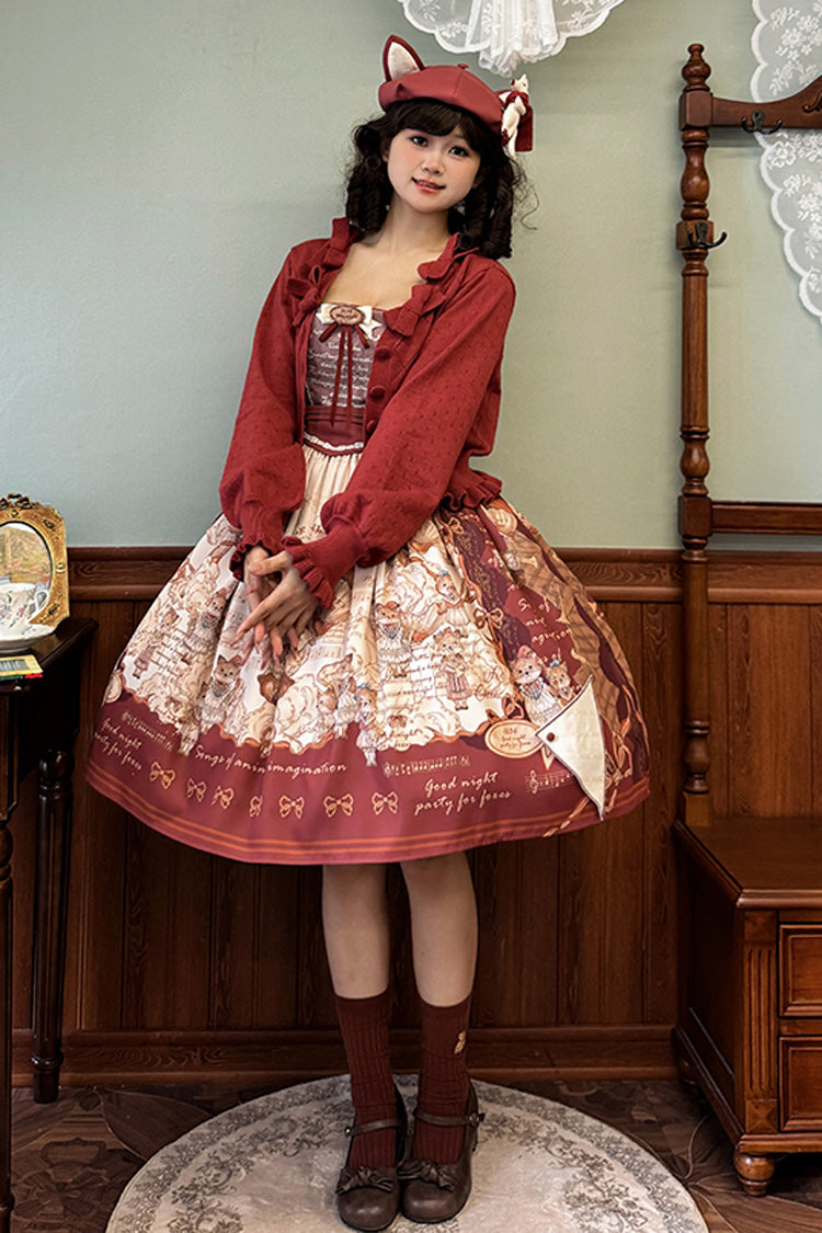 Wine Red Fox Band Print Square Collar Bowknot Classic Lolita Jumper Dress