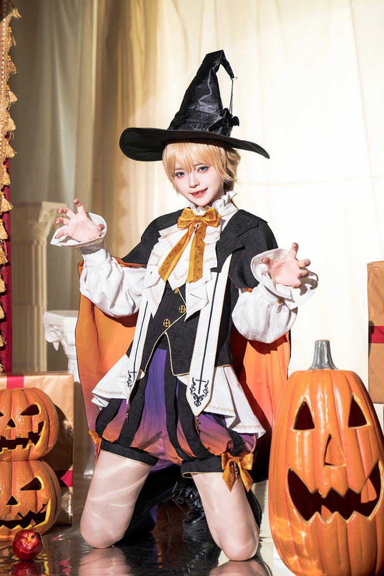 Black/Brown Little Devil Stand Collar Long Sleeves Gradient Print Ruffle Bowknot Gothic Prince Ouji Lolita Set