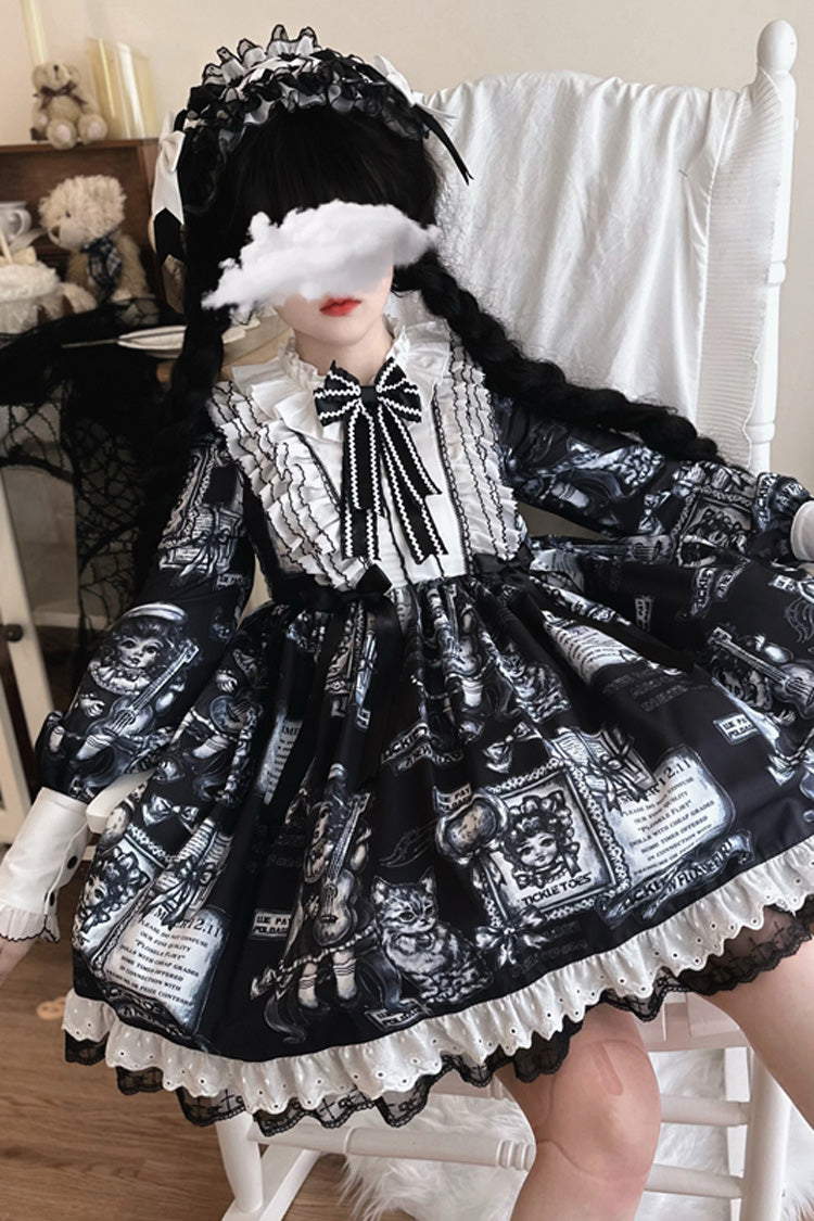 Black Antique Cat Print Long Sleeves Ruffle Bowknot Gothic Princess Lolita Dress