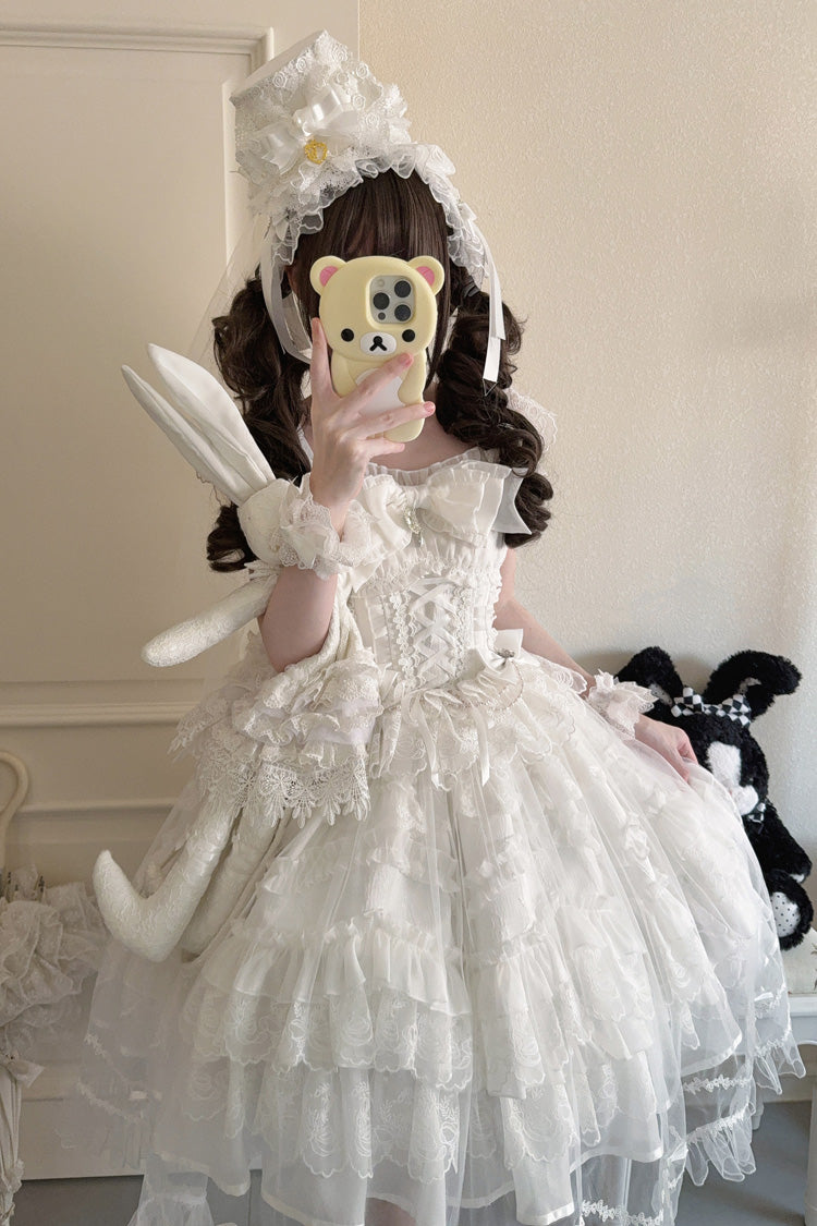 White Eternal Vow Sleeveless Multi-Layered Ruffle Hanayome Bowknot Lace Lace-Up Sweet Lolita Jsk Dress