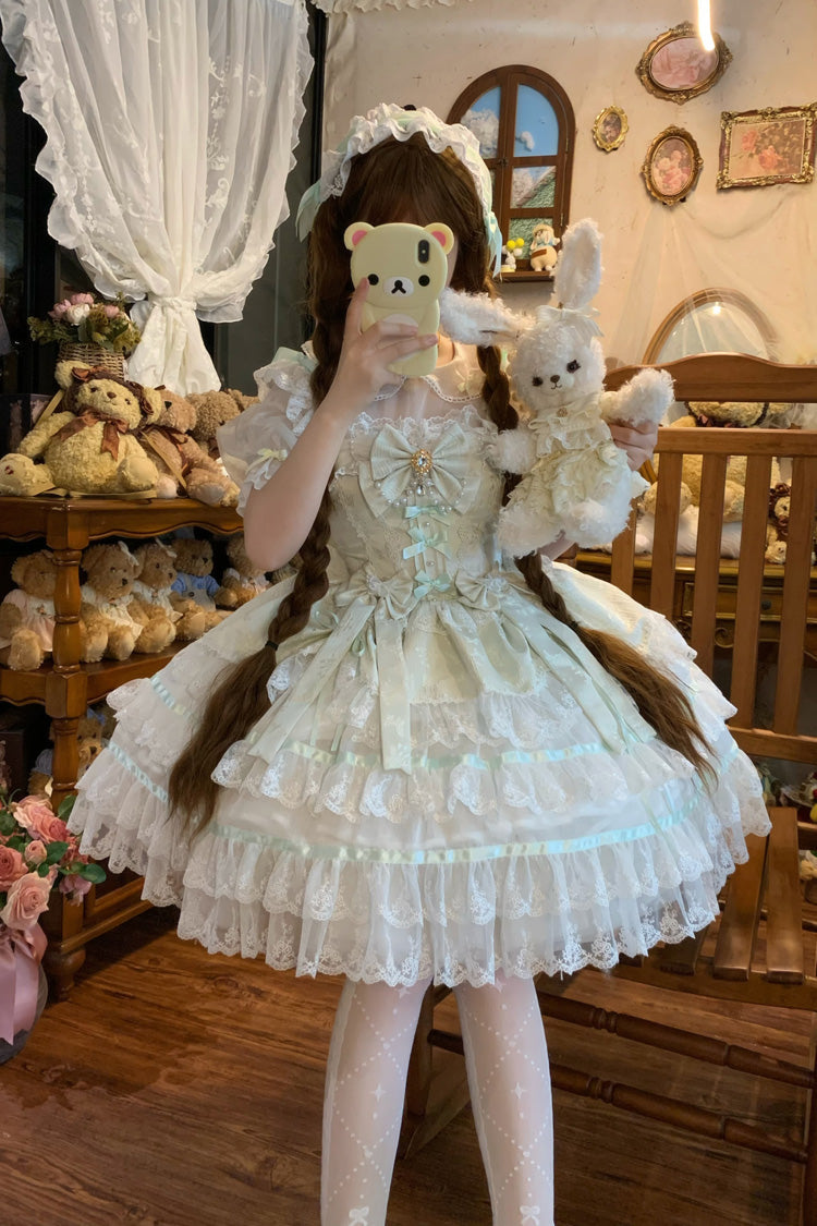Green Snow Kissed Romance Sleeveless High Waisted Multi-Layered Bowknot Lace Pearl Sweet Ballet Lolita Jsk Dress