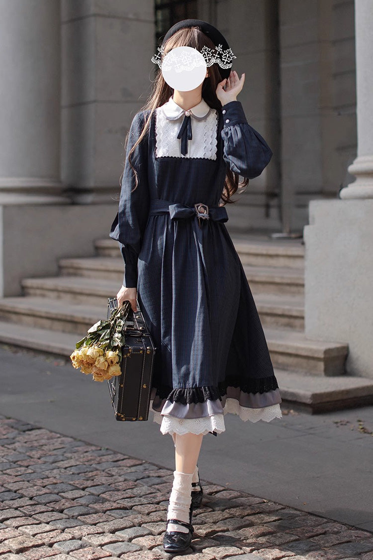 Dark Blue Phyllis Plaid Print Ruffle Bowknot Lace Vintage Elegant Lolita Dress