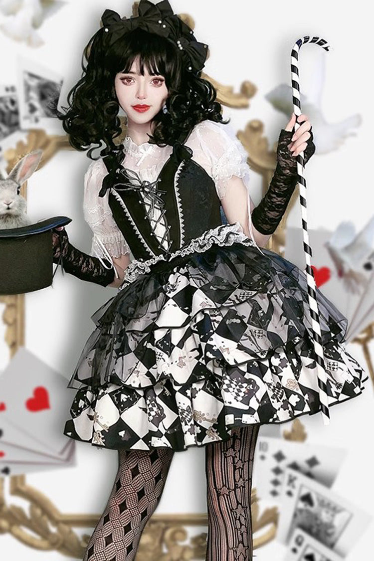 Black/White Board Games Triple-Layered Print Ruffle Vintage Lolita Skirt