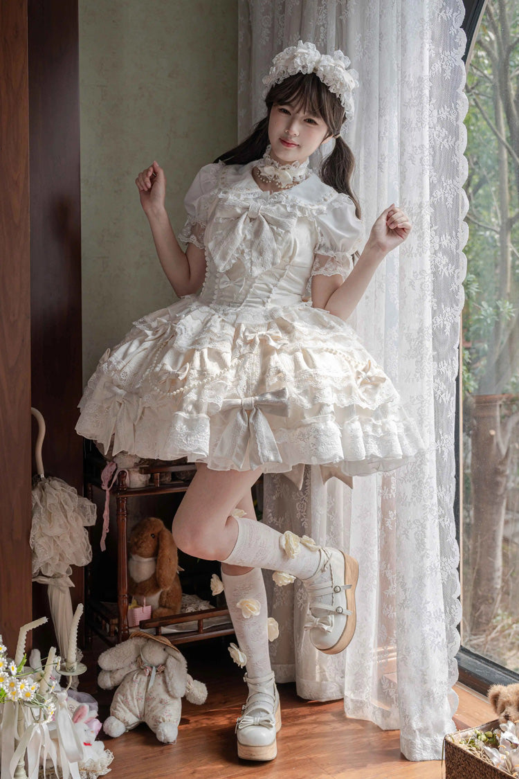 Ivory Small Cakes Sleeveless Multi-Layered Ruffle Bowknot Lace Sweet Lolita Jsk Dress