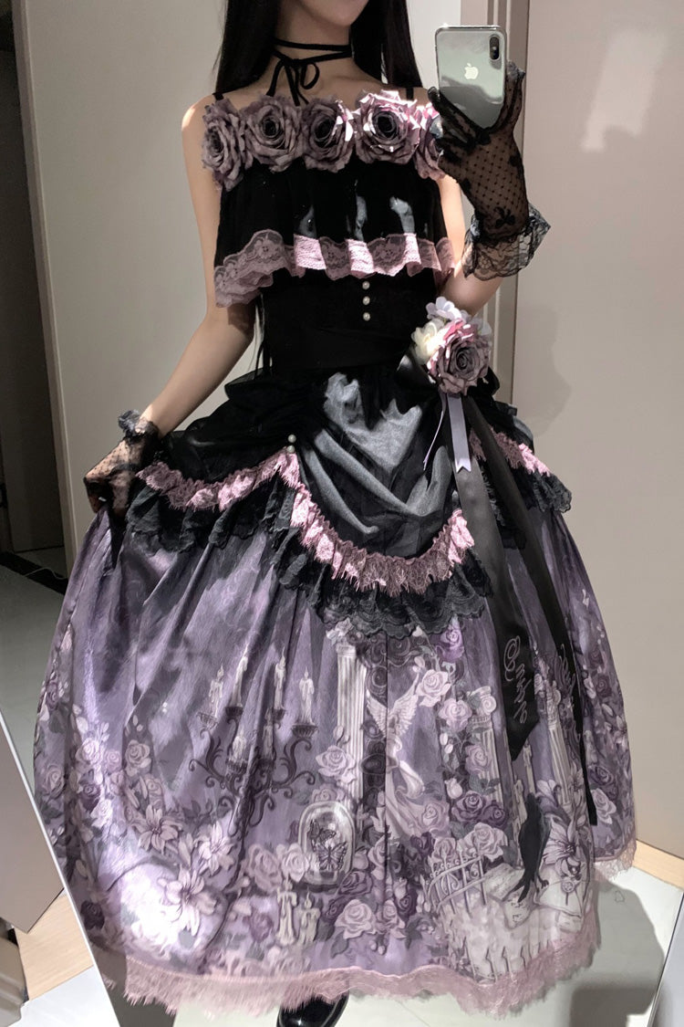 Black/Purple Angel Garden Sleeveless Print Ruffle Bowknot Lace Sweet Gothic Lolita Skirt Set