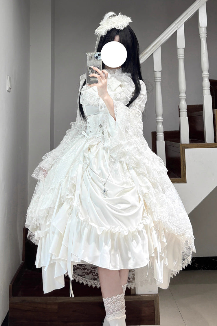 White Eternal Taboo Long Hime Sleeves Ruffled Bow Gothic Lolita Skirt Dress Set