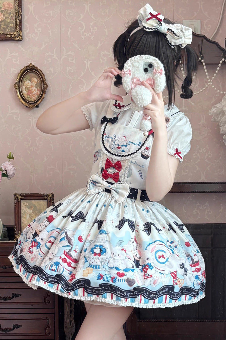 Beige Mystery Rabbit Tea Party Sleeveless Print Bowknot Lace Sweet Lolita Strap Dress