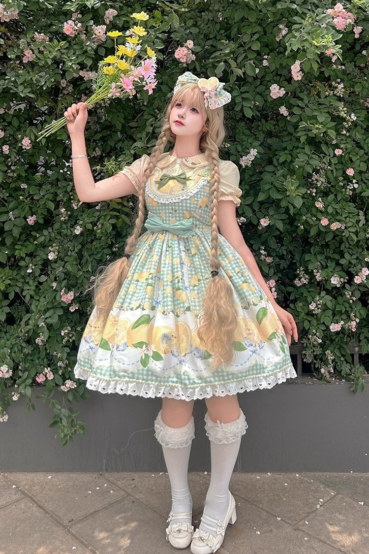 Green Lemon Chicken Print Ruffle Bowknot Lace Sweet Lolita Jsk Dress