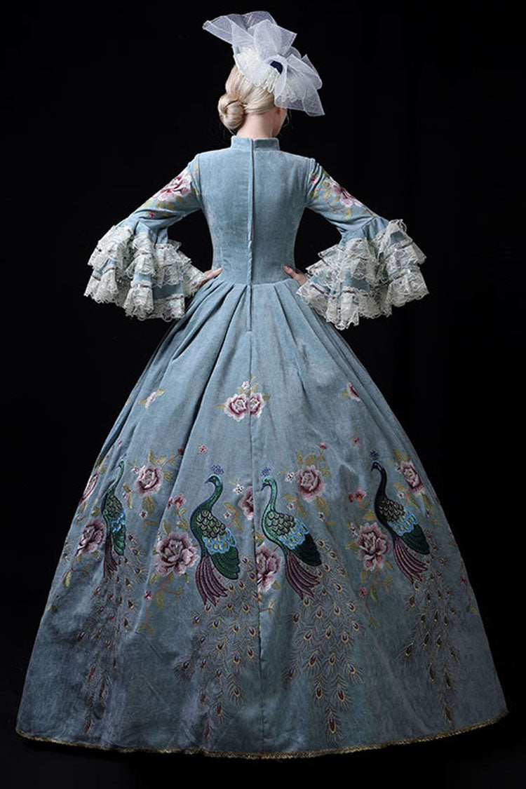 Blue Multi-Layer Trumpet Sleeves High Waisted Peacock Embroidery Print Victorian Lolita Prom Dress