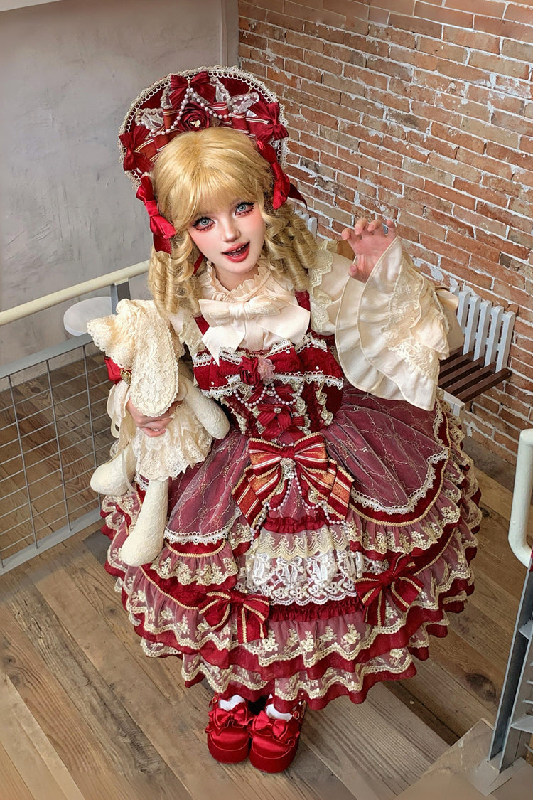Red Crown of Gems Triple-Layered Ruffle Bowknot Lace Sweet Gorgeous Lolita Jsk Dress