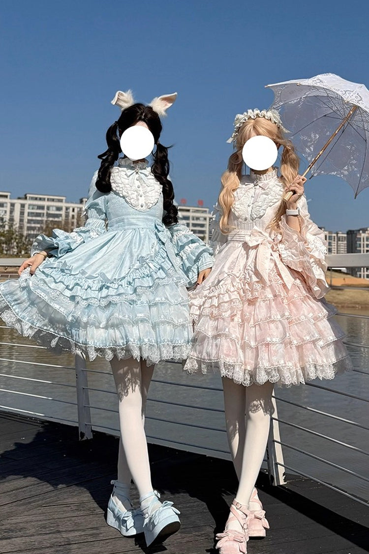 Pink The Soloist Doll Long Hime Sleeves Multi-Layered Print Ruffle Bowknot Asymmetric Sweet Lolita Dress