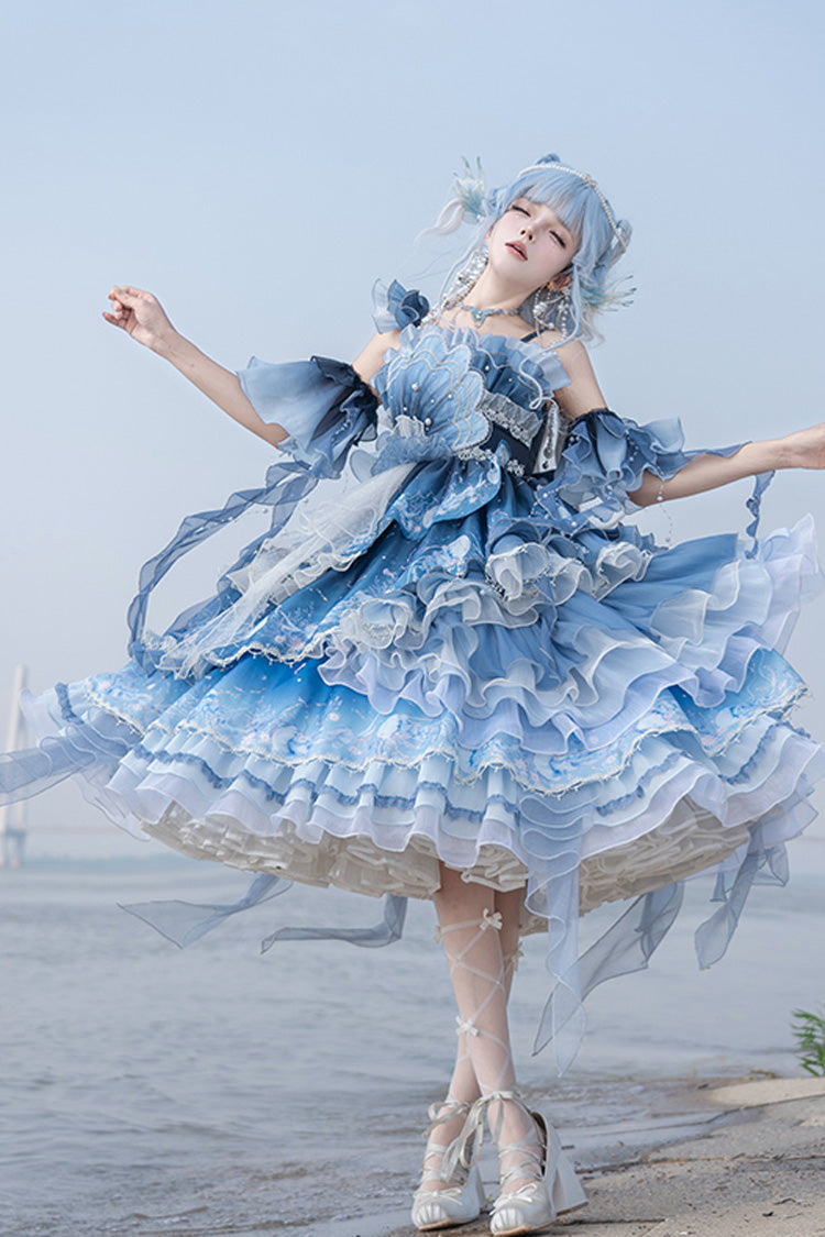 Blue Jellyfish Gradient Print Ruffle Embroidery Bowknot Lace Asymmetric Sweet Elegant Lolita Jsk Dress