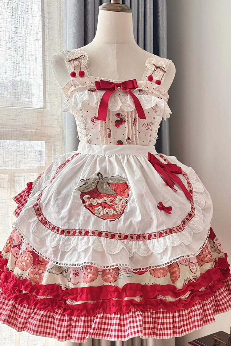 Red Strawberry Bear Sleeveless Double-Layered Print Ruffle Bowknot Sweet Princess Lolita Jsk Dress
